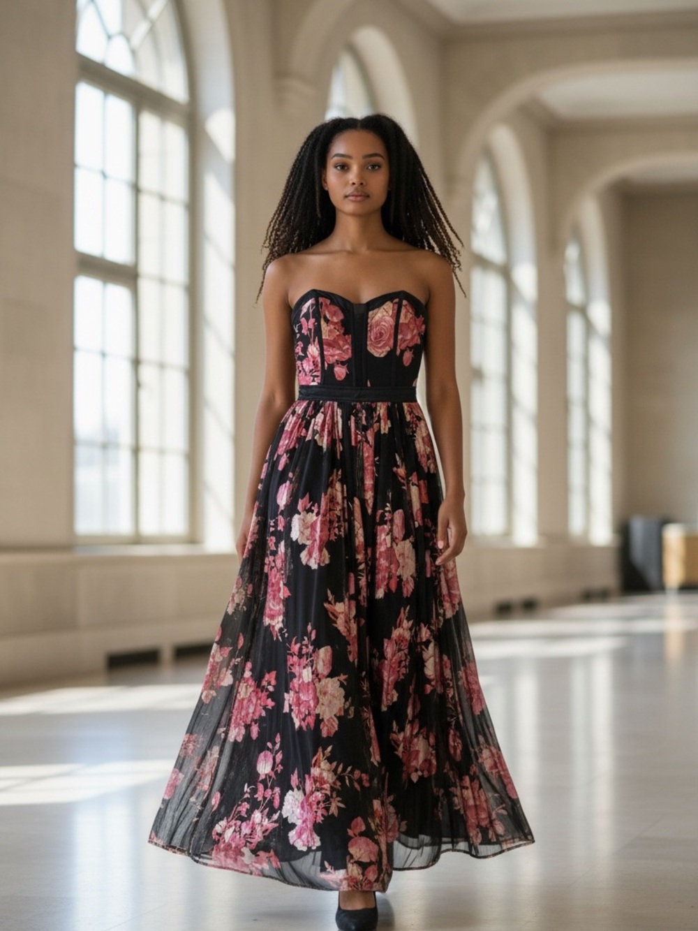 Teeze Me Strapless Dark Navy Blue Dress with Pink Floral Print. Juniors Size 5/6